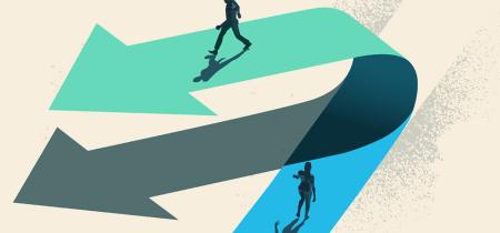 One figure walking in opposite direction to others